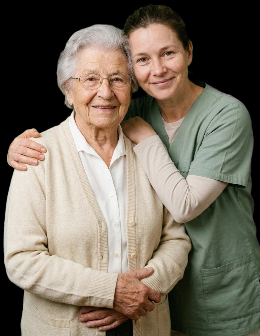Lächelnde Betreuungskraft umarmt eine Seniorin