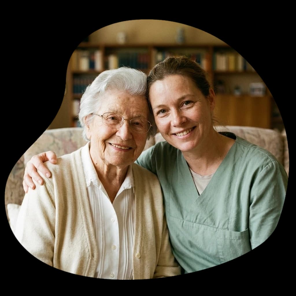 Betreuungskraft umarmt lächelnd eine Seniorin auf dem Sofa