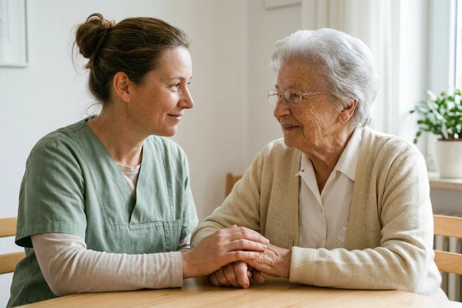 Betreuungskraft hält die Hand einer Seniorin