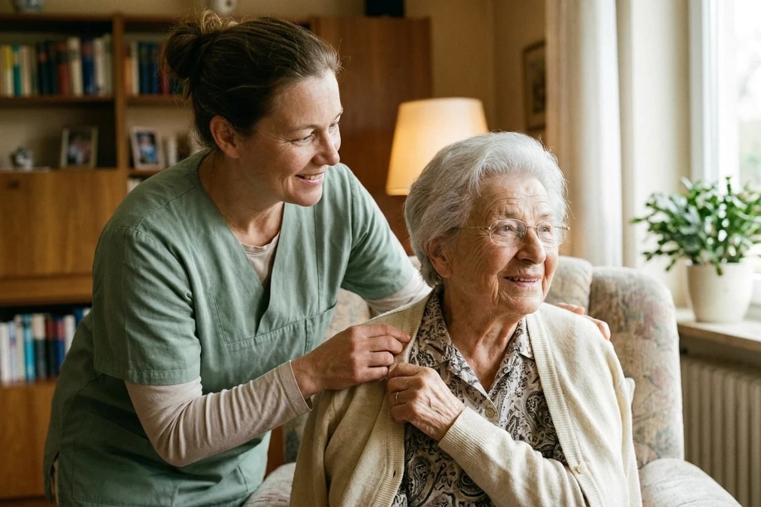 Betreuungskraft hilft einer Seniorin beim Anziehen der Jacke