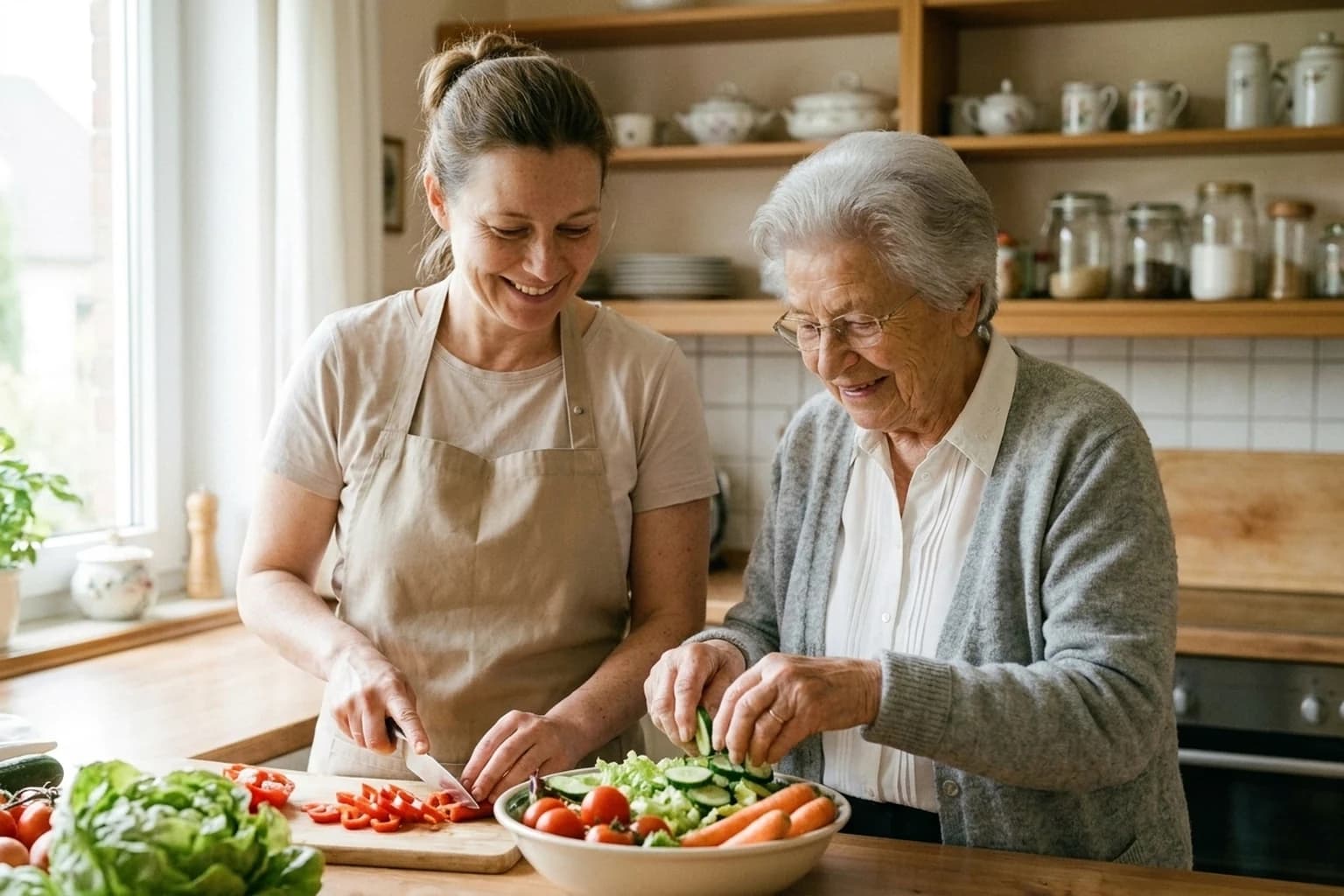 Betreuungskraft kocht gemeinsam mit einer Seniorin