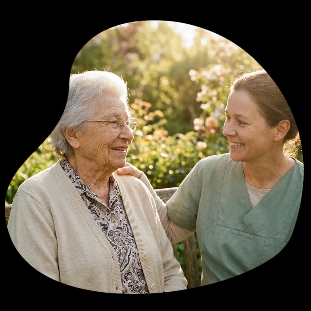 Betreuungskraft und lächelnde Seniorin sitzen gemeinsam im Garten