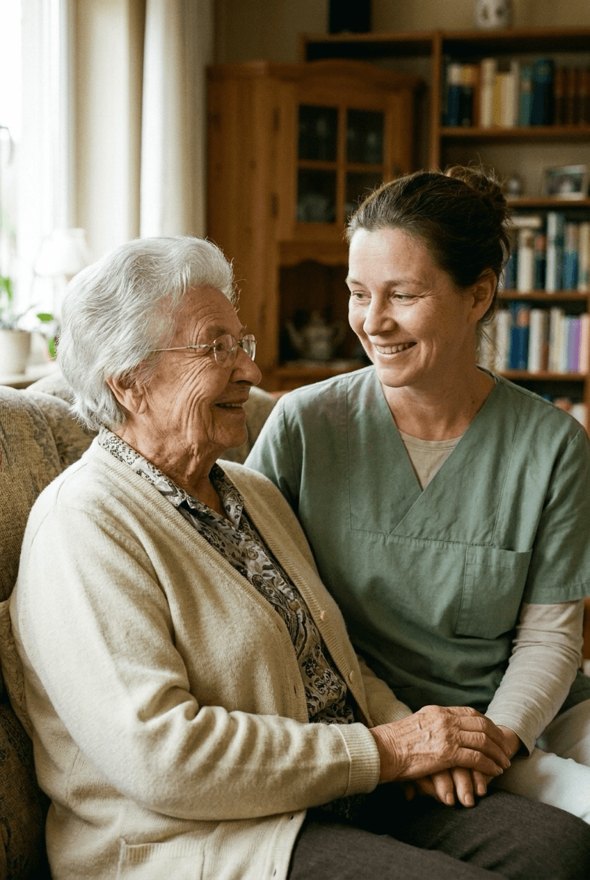 Betreuungskraft und Seniorin lachen gemeinsam