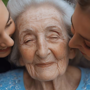 Zwei Frauen umarmen liebevoll eine ältere Dame, die in einem blauen Oberteil lächelt und Freude ausstrahlt.